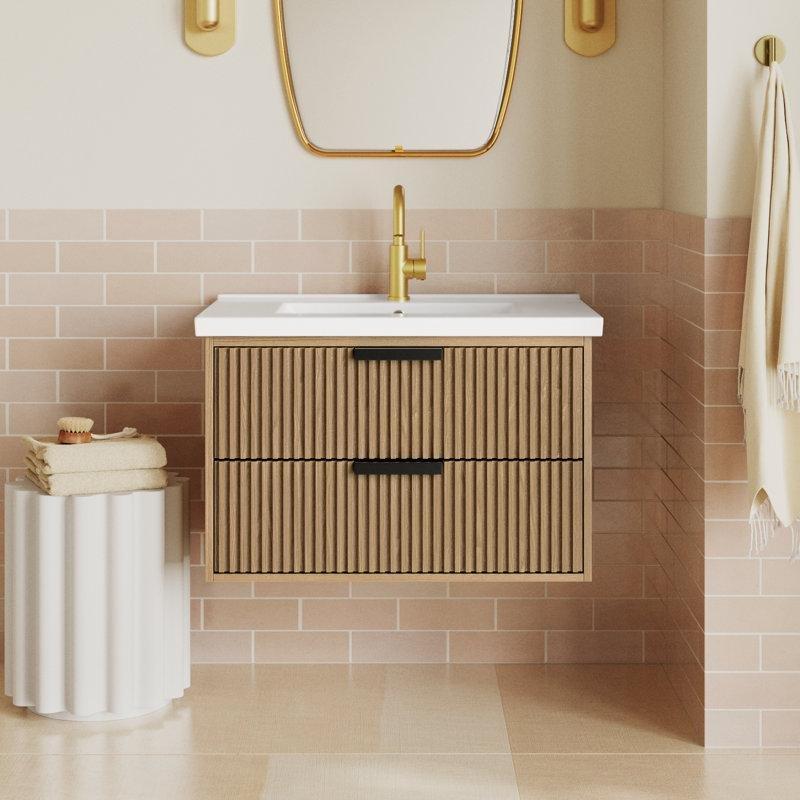 Beyaz Seramik Tezgahlı Eskitme Masif Ahşap Yavaş Kapanır Çekmeceli Duvara Monte Banyo Lavabo Dolabı - 77 cm - 198595