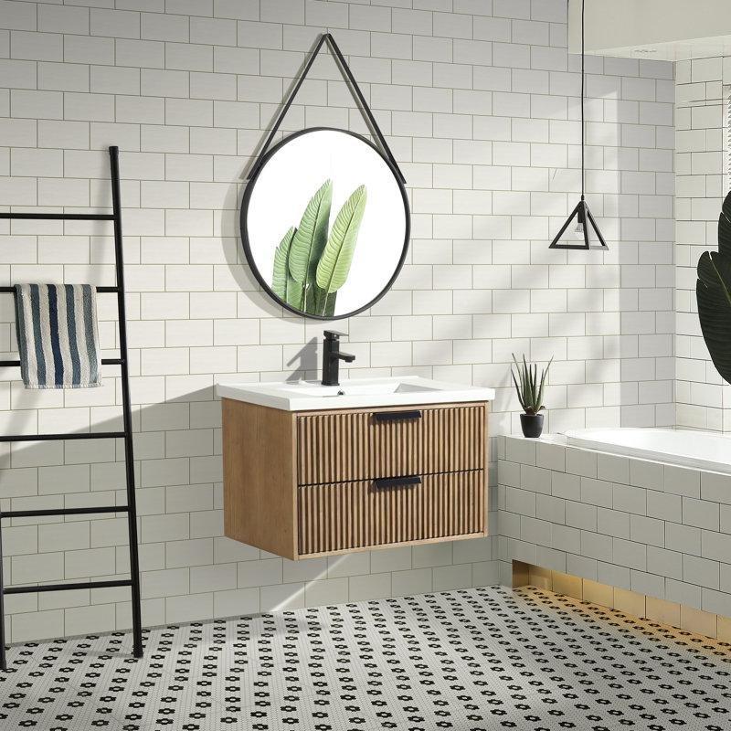 Beyaz Seramik Tezgahlı Eskitme Masif Ahşap Yavaş Kapanır Çekmeceli Duvara Monte Banyo Lavabo Dolabı - 77 cm - 198595