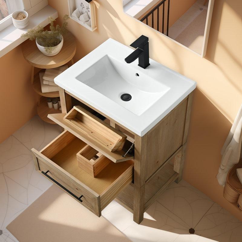 Beyaz Seramik Tezgahlı Köknar Masif Ahşap Çekmeceli Ayaklı Banyo Lavabo Dolabı - 62 cm - 200754