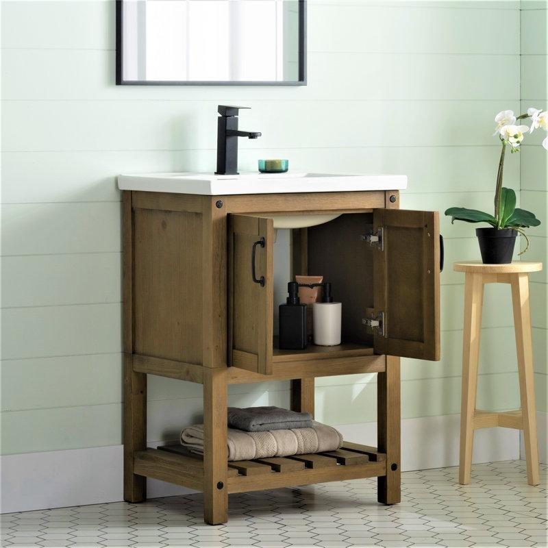 Beyaz Seramik Tezgahlı Masif Ahşap Ayaklı Banyo Lavabo Dolabı - 62 cm - 198275