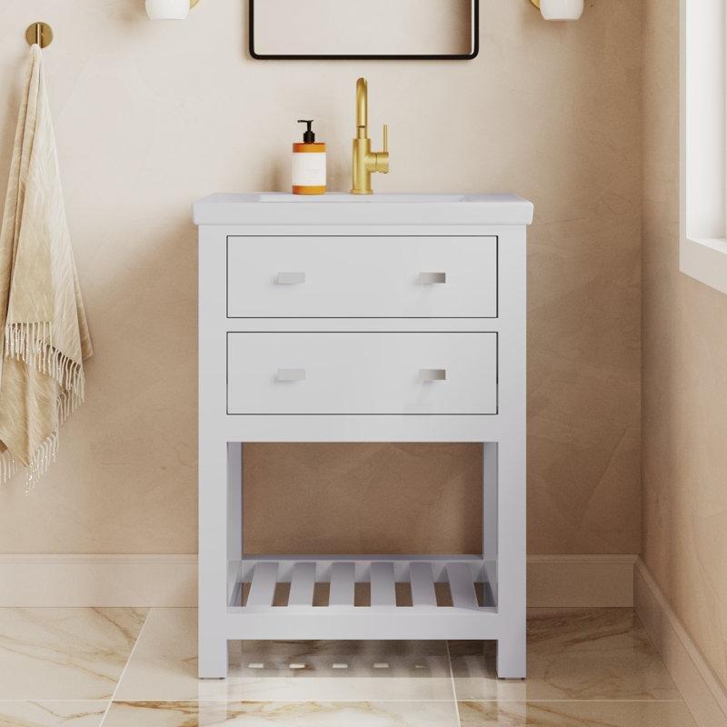Beyaz Seramik Tezgahlı Masif Ahşap Çekmeceli Ayaklı Banyo Lavabo Dolabı - 61 cm - 202088