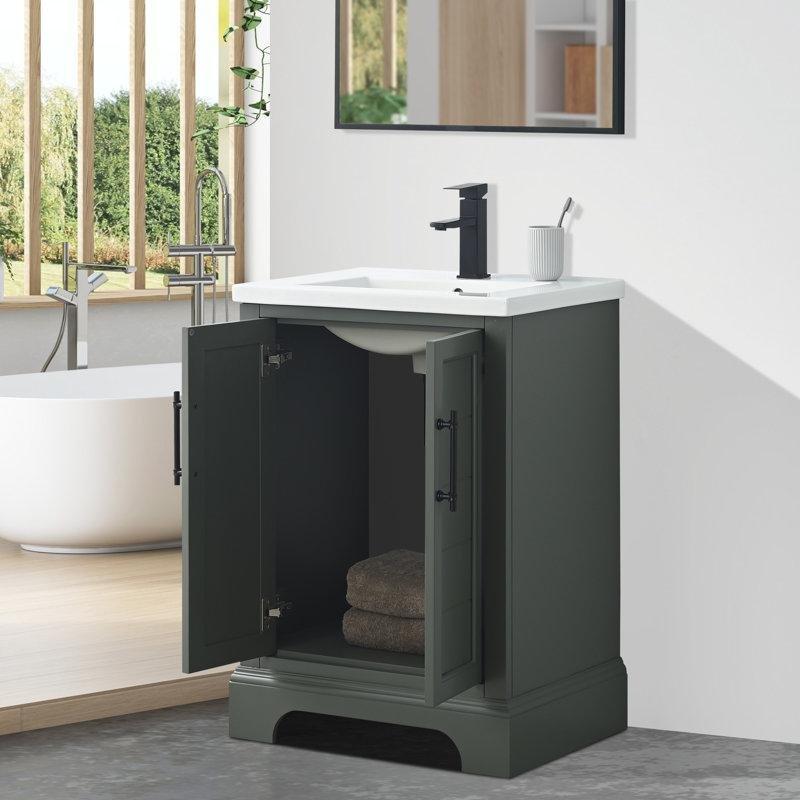 Beyaz Seramik Tezgahlı Masif Ahşap Yavaş Kapanan Kapaklı Çekmeceli Banyo Lavabo Dolabı - 61 cm - 198015