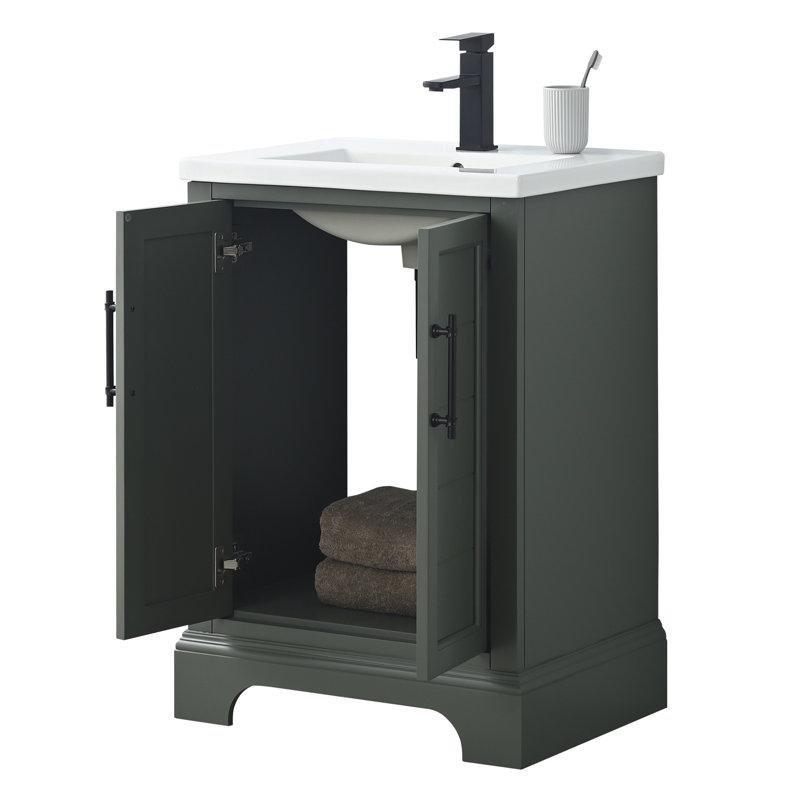 Beyaz Seramik Tezgahlı Masif Ahşap Yavaş Kapanan Kapaklı Çekmeceli Banyo Lavabo Dolabı - 61 cm - 198015
