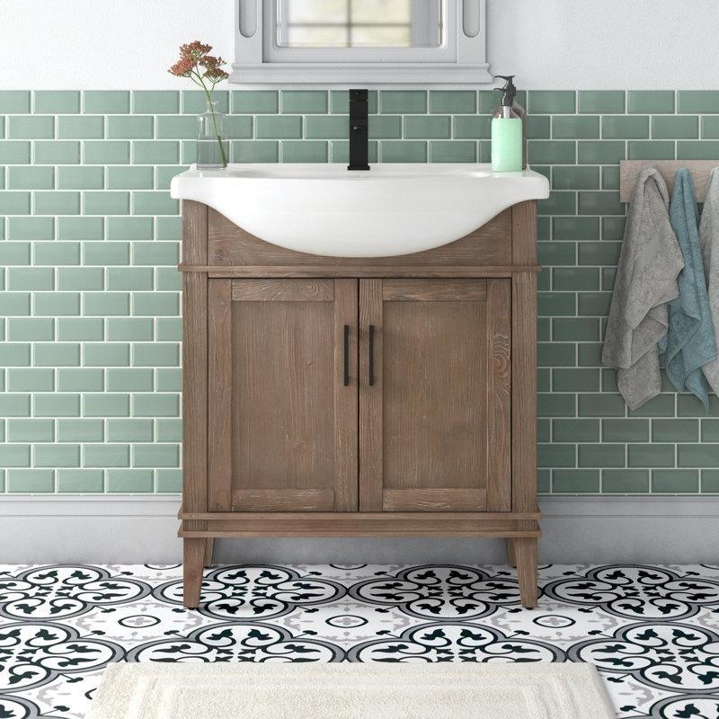 Beyaz Seramik Tezgahlı Masif Huş Ağacı Çekmeceli Ayaklı Banyo Lavabo Dolabı - 77 cm - 198763