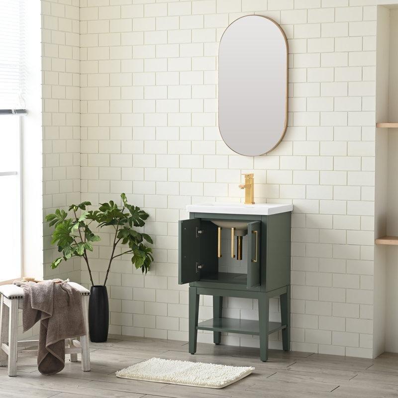 Beyaz Seramik Tezgahlı Masif Kavak Saten Pirinç Kulplu Banyo Lavabo Dolabı - 51 cm - 199189