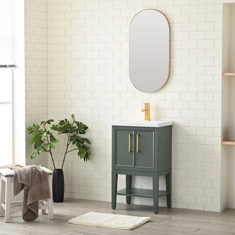 Beyaz Seramik Tezgahlı Masif Kavak Saten Pirinç Kulplu Banyo Lavabo Dolabı - 51 cm - 199189