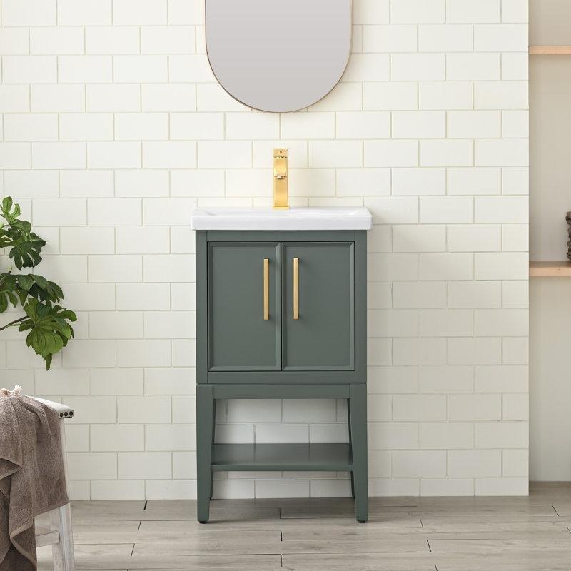 Beyaz Seramik Tezgahlı Masif Kavak Saten Pirinç Kulplu Banyo Lavabo Dolabı - 51 cm - 199189