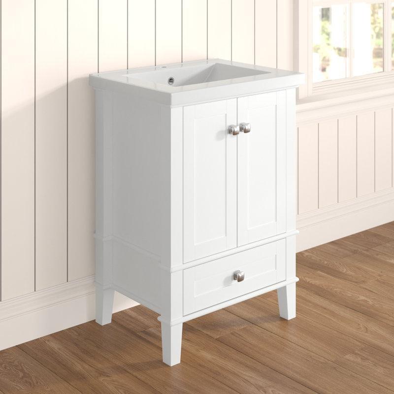 Beyaz Seramik Tezgahlı Masif Kavak ve MDF Çekmeceli Ayaklı Banyo Lavabo Dolabı - 61 cm - 201112