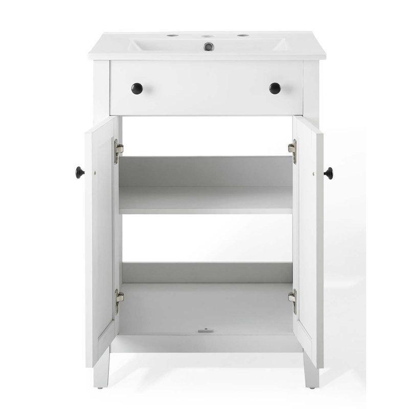 Beyaz Seramik Tezgahlı Masif ve Ahşap Çift Kapaklı Banyo Lavabo Dolabı - 61 cm - 200493