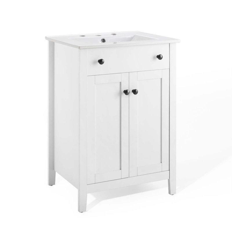 Beyaz Seramik Tezgahlı Masif ve Ahşap Çift Kapaklı Banyo Lavabo Dolabı - 61 cm - 200493