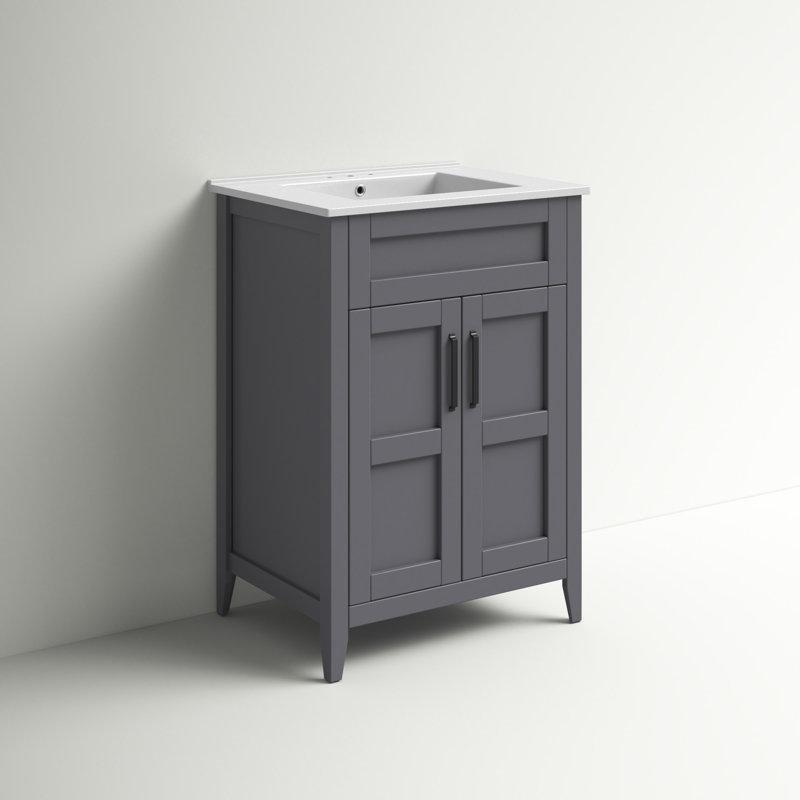 Beyaz Seramik Tezgahlı Mat Siyah Kulplu Shaker Tarzı Ayaklı Banyo Lavabo Dolabı - 61 cm - 201469