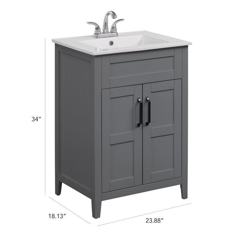 Beyaz Seramik Tezgahlı Mat Siyah Kulplu Shaker Tarzı Ayaklı Banyo Lavabo Dolabı - 61 cm - 201469