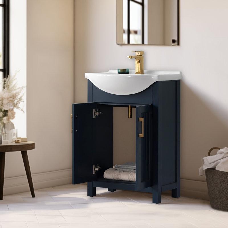 Beyaz Seramik Tezgahlı ve Saten Pirinç Kulplu Ahşap Banyo Lavabo Dolabı - 61 cm - 198869