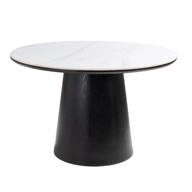 Beyaz Seramik ve Siyah MDF Yuvarlak Tek Ayaklı Bohem Yemek Masası - Ø 115 cm - 235423