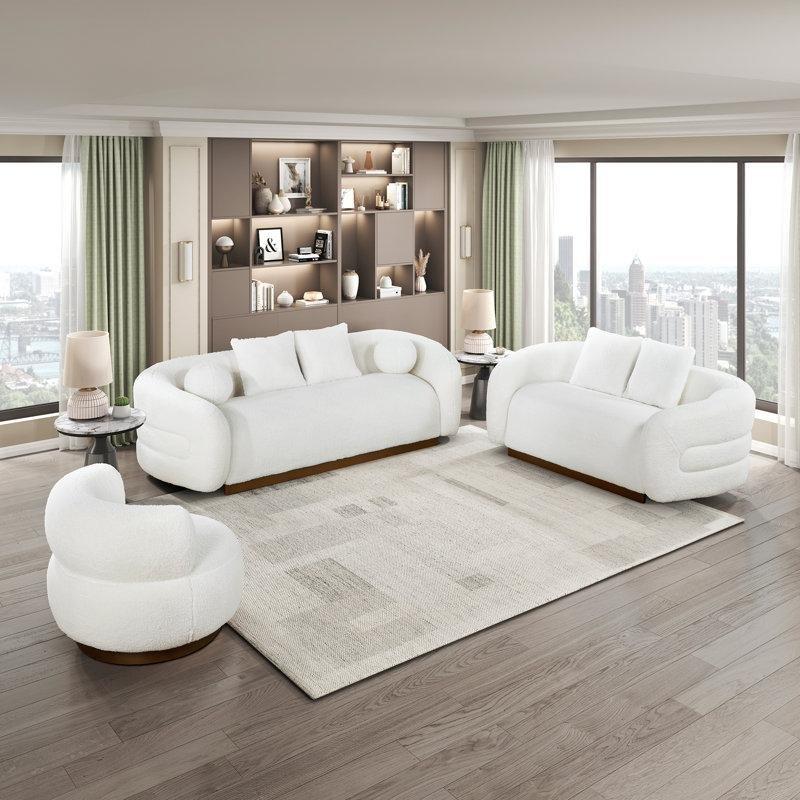 Beyaz Sherpa Kumaş Gold Masif Ahşap Ayaklı 360 Derece Döner Berjerli 3 Parça Koltuk Takımı - 192311