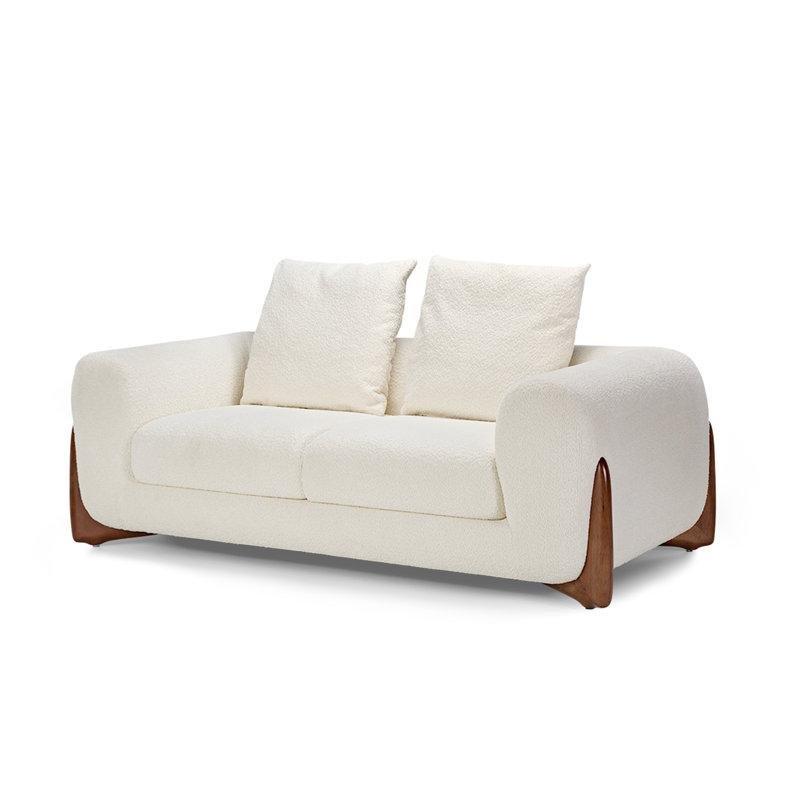 Beyaz Sherpa Kumaş Masif Ahşap Yuvarlak Kolçaklı İkili Koltuk - 192 cm - 207704