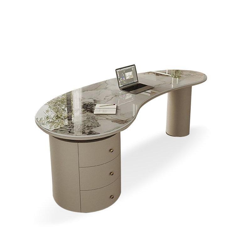 Beyaz Sinterlenmiş Taş Bej Mikrofiber Deri Döşemeli Kavisli Çekmeceli Ofis Masası - 160x76 cm - 177020