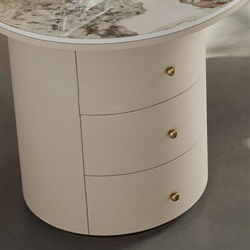 Beyaz Sinterlenmiş Taş Bej Mikrofiber Deri Döşemeli Kavisli Çekmeceli Ofis Masası - 160x76 cm - 177020