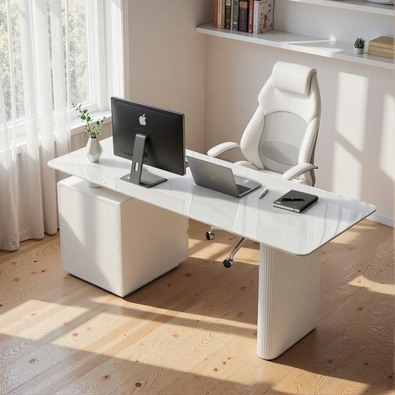 Beyaz Sinterlenmiş Taş Tablalı 3 Çekmeceli Roma Sütunu Ayaklı Modern Ofis Masası - 181 cm - 177691