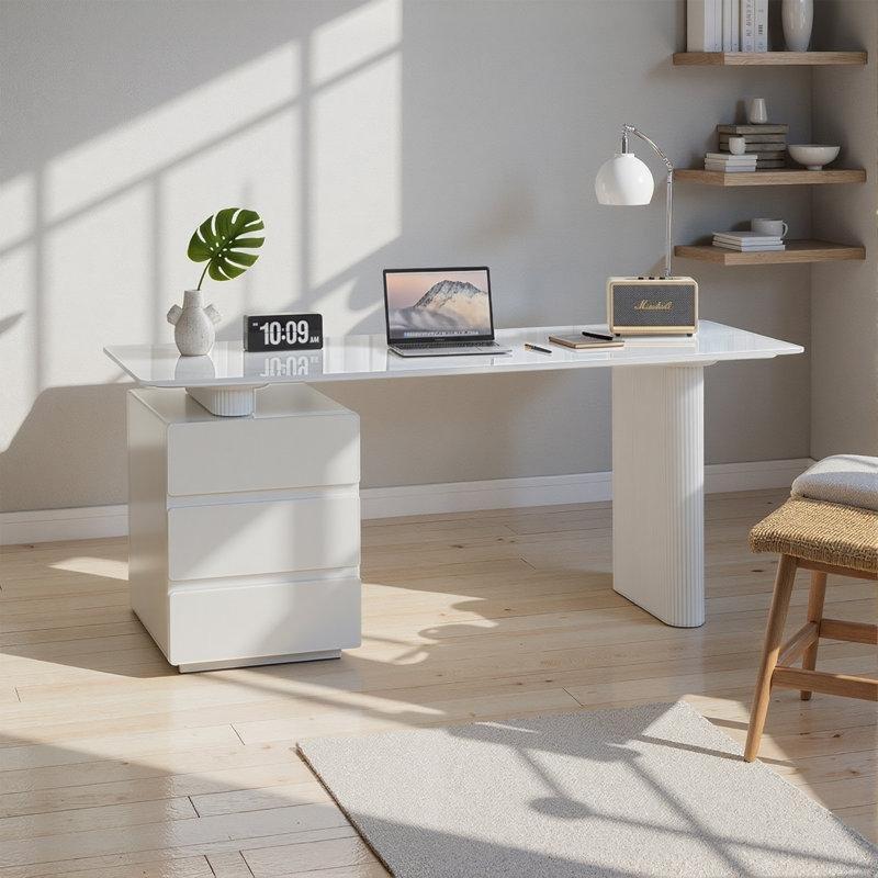 Beyaz Sinterlenmiş Taş Tablalı 3 Çekmeceli Roma Sütunu Ayaklı Modern Ofis Masası - 181 cm - 177691