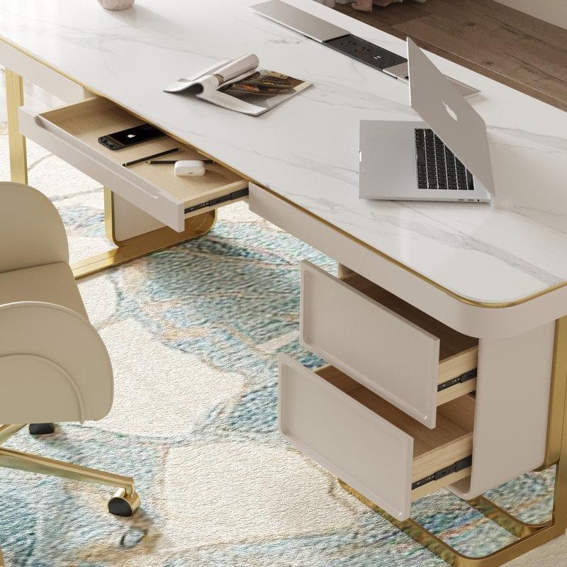 Beyaz Sinterlenmiş Taş Tablalı Gold Çekmeceli Prizli Yönetici Ofis Masası - 180x70 cm - 177148