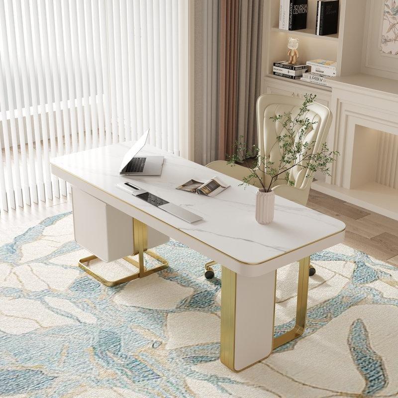 Beyaz Sinterlenmiş Taş Tablalı Gold Çekmeceli Prizli Yönetici Ofis Masası - 180x70 cm - 177148