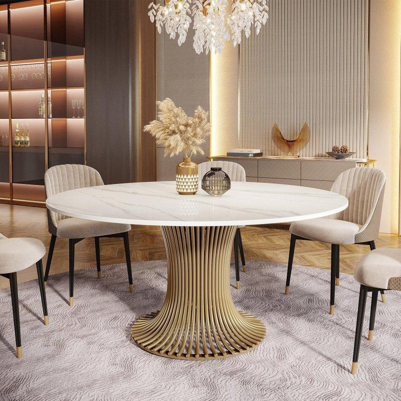 Beyaz Sinterlenmiş Taş Tablalı Gold Kaide Ayaklı Yuvarlak Bohem Yemek Masası - 150 cm - 237711