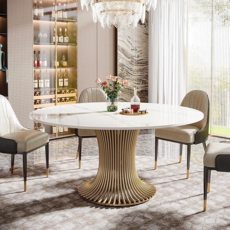 Beyaz Sinterlenmiş Taş Tablalı Gold Kaide Ayaklı Yuvarlak Bohem Yemek Masası - 150 cm - 237711