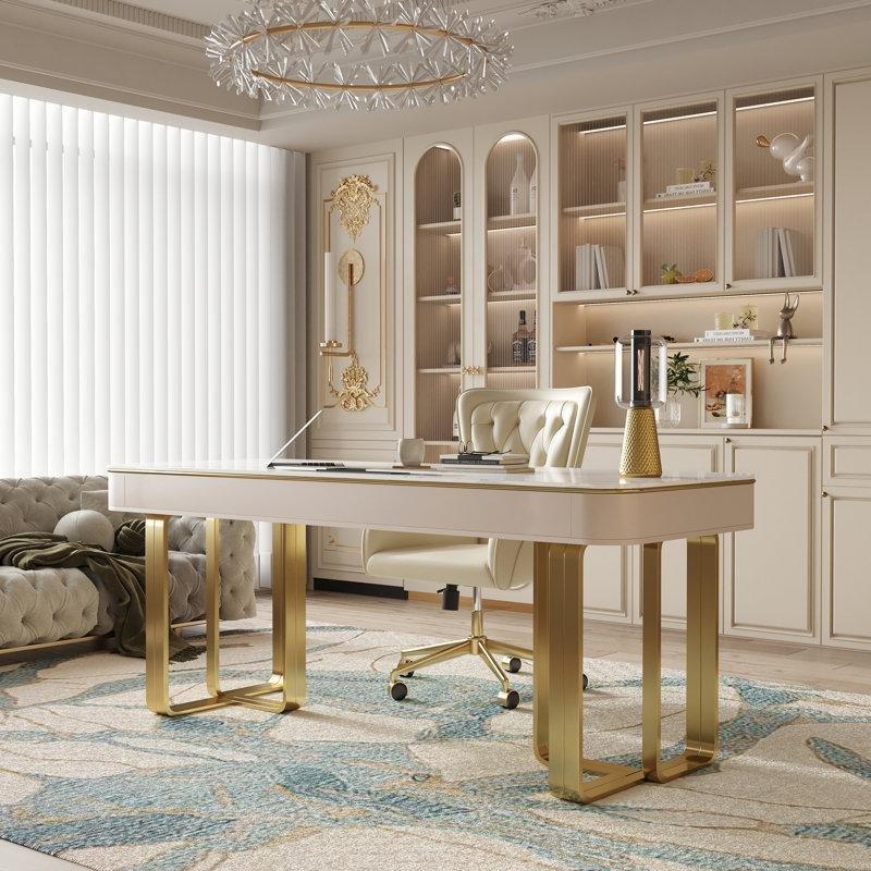 Beyaz Sinterlenmiş Taş Tablalı Gold Paslanmaz Çelik Ayaklı Çekmeceli Modern Ofis Masası - 177178