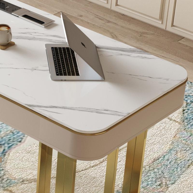 Beyaz Sinterlenmiş Taş Tablalı Gold Paslanmaz Çelik Ayaklı Çekmeceli Modern Ofis Masası - 177178