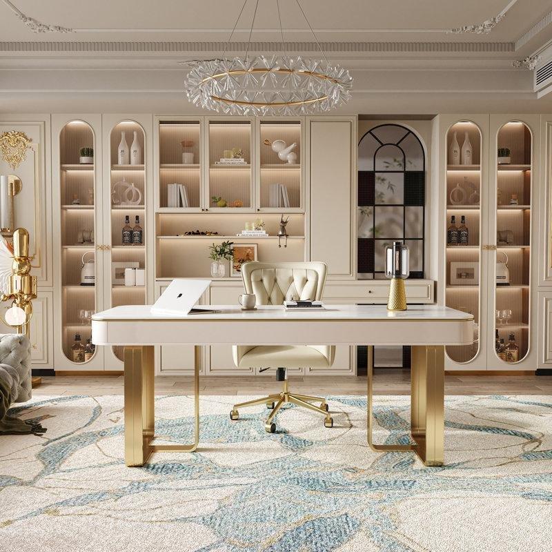 Beyaz Sinterlenmiş Taş Tablalı Gold Paslanmaz Çelik Ayaklı Çekmeceli Modern Ofis Masası - 177178