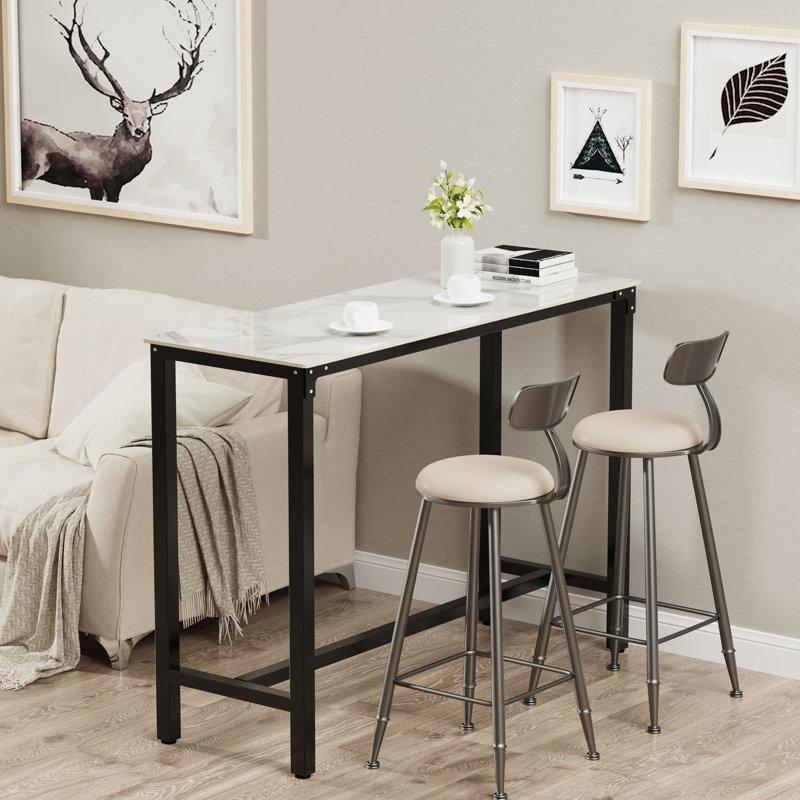 Beyaz Sinterlenmiş Taş Tablalı Siyah Çelik Ayaklı Dikdörtgen Bistro Bar Masası - 120x41x106 cm - 231685