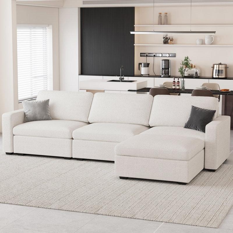 Beyaz Şönil Kumaş Modüler Depolama Alanlı Puflu Köşe Koltuk Takımı - 258 cm - 193030