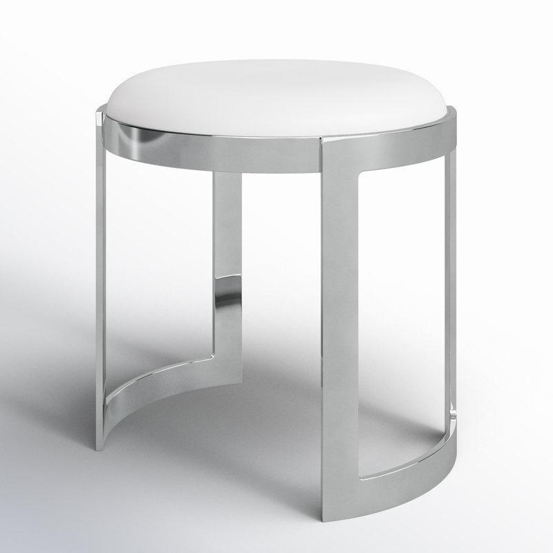 Beyaz Suni Deri Döşemeli Metal Kızak Ayaklı Yuvarlak Makyaj Masası Pufu - 49x46 cm - 234085