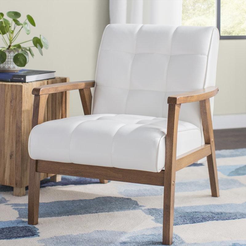 Beyaz Suni Deri Masif Ahşap Kapitoneli Tekli Koltuk - 203262