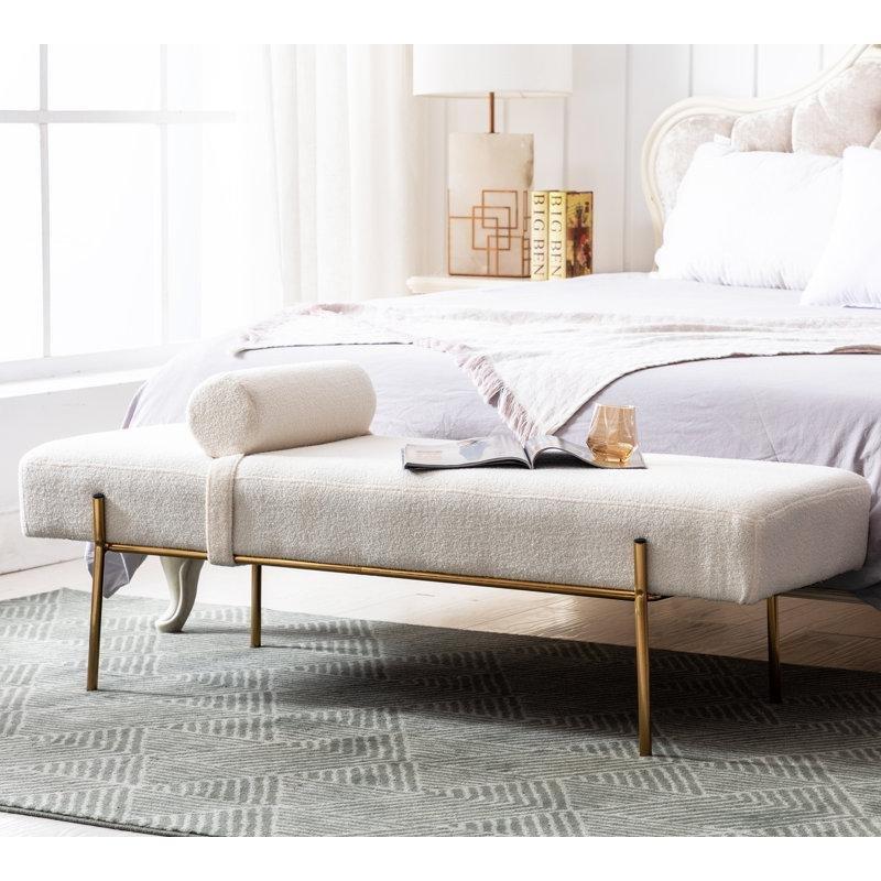 Beyaz Suni Kürk Döşemeli Gold Metal Ayaklı Modern Bench - 140 cm - 164551