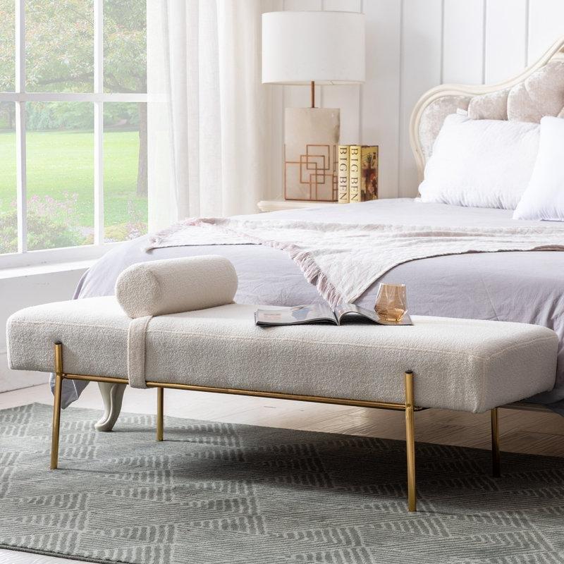 Beyaz Suni Kürk Döşemeli Gold Metal Ayaklı Modern Bench - 140 cm - 164551