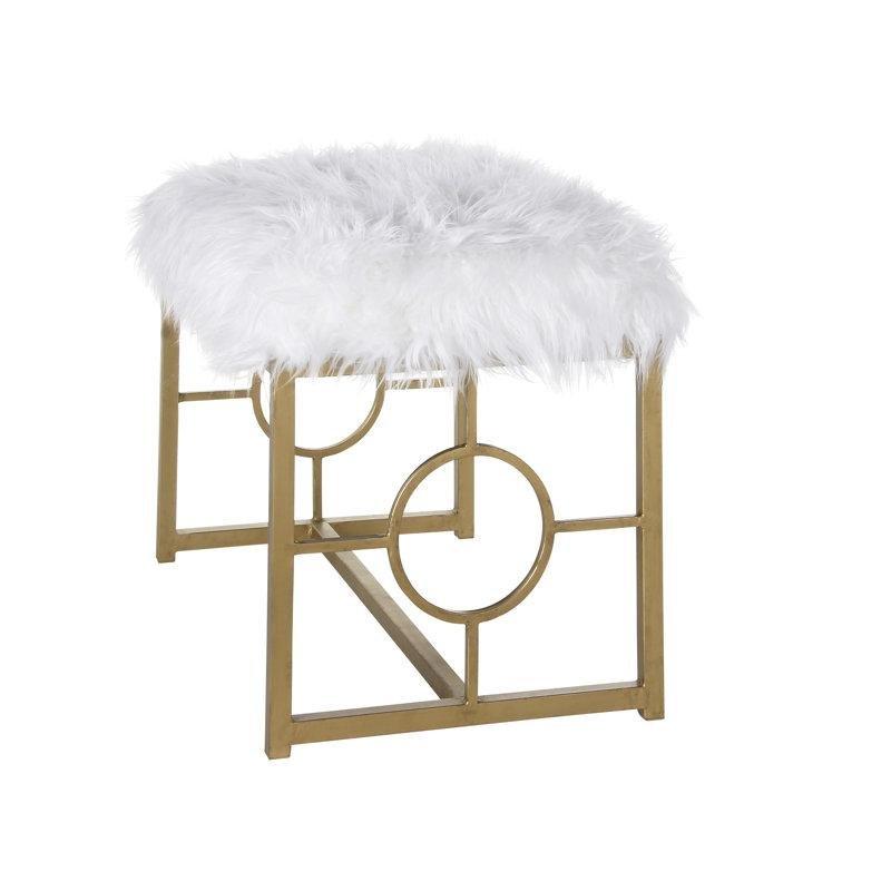 Beyaz Suni Kürk Halka Detaylı Gold Demir Makyaj Masası Pufu - 77x46 cm - 232995