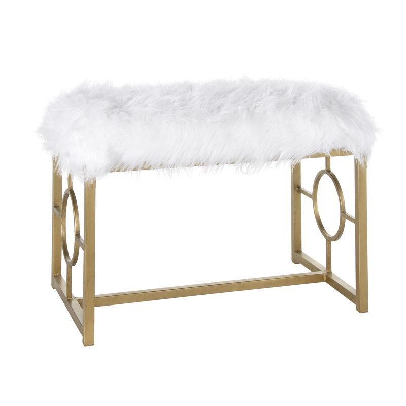 Beyaz Suni Kürk Halka Detaylı Gold Demir Makyaj Masası Pufu - 77x46 cm - 232995