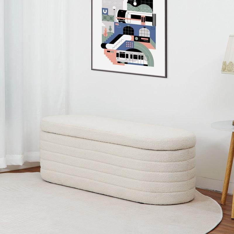 Beyaz Suni Kürk Sandıklı Kapitoneli Oval Bench - 116 cm - 164266