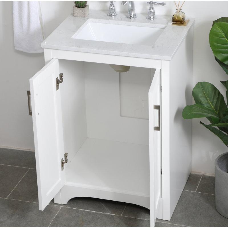 Beyaz Suni Mermer Tezgahlı Seramik Lavabolu Ahşap Banyo Lavabo Dolabı - 61 cm - 200796