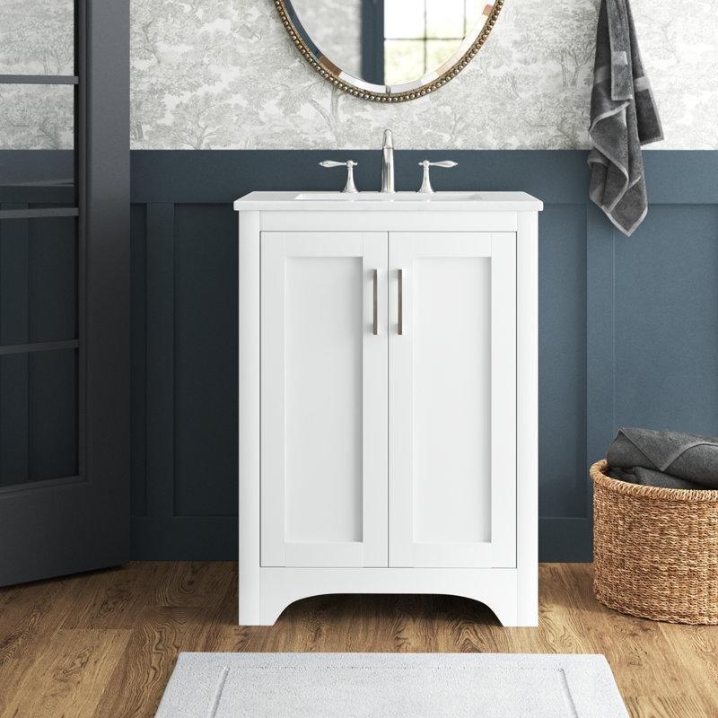 Beyaz Suni Mermer Tezgahlı Seramik Lavabolu Ahşap Banyo Lavabo Dolabı - 61 cm - 200796