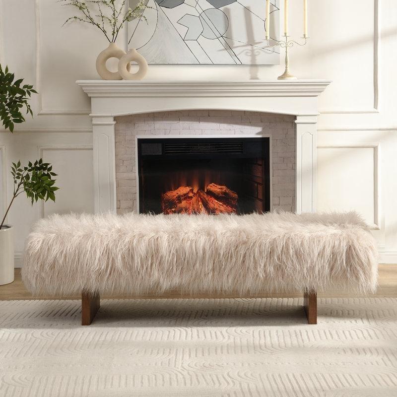 Beyaz Suni Yün Döşemeli Kahverengi Masif Ahşap Ayaklı Modern Bench - 171 cm - 164440