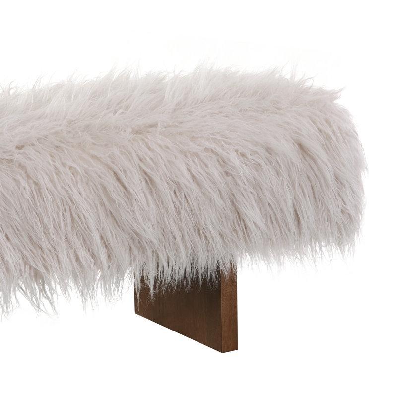 Beyaz Suni Yün Döşemeli Kahverengi Masif Ahşap Ayaklı Modern Bench - 171 cm - 164440