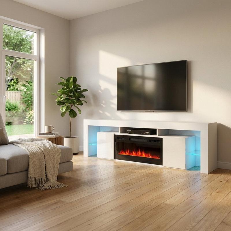 Beyaz Sunta Parlak Yüzeyli Elektrikli Şömineli Tv Ünitesi - 200 cm - 221536