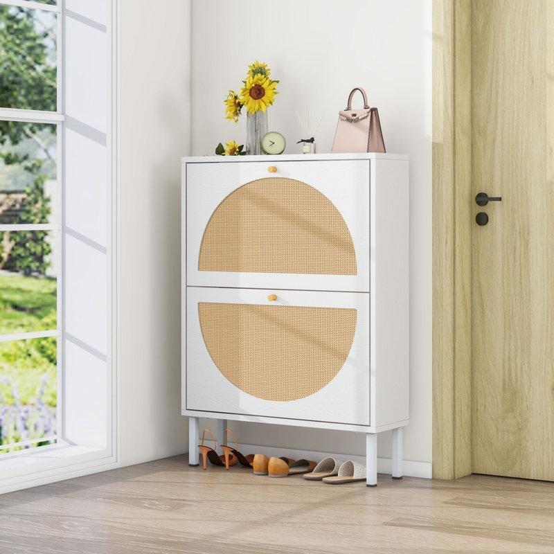 Beyaz Sunta ve Rattan Gold Kulplu Minimalist Ayakkabılık - 61x18x88 cm - 228451