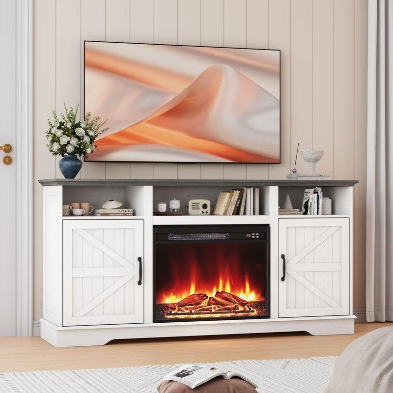 Beyaz Sürgülü Kapaklı LED Işıklı Şömineli TV Ünitesi - 151 cm - 222476