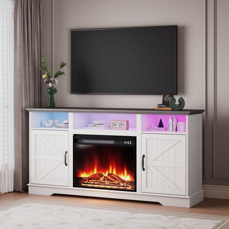 Beyaz Sürgülü Kapaklı LED Işıklı Şömineli TV Ünitesi - 151 cm - 222476