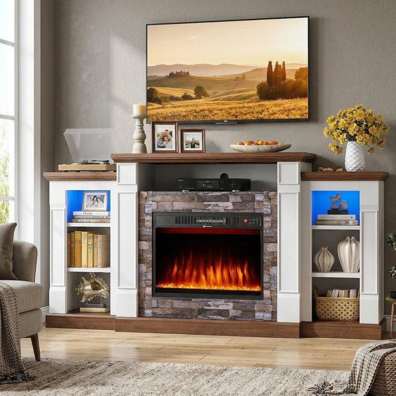 Beyaz Taş Desenli Elektrikli Şömineli Açık Raflı TV Ünitesi - 178 cm - 221496