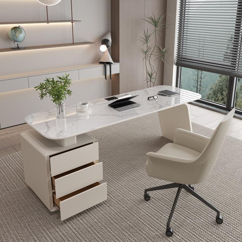 Beyaz Taş Tablalı Dahili Prizli Çekmeceli Oval Ofis Masası - 180x70 cm - 177167